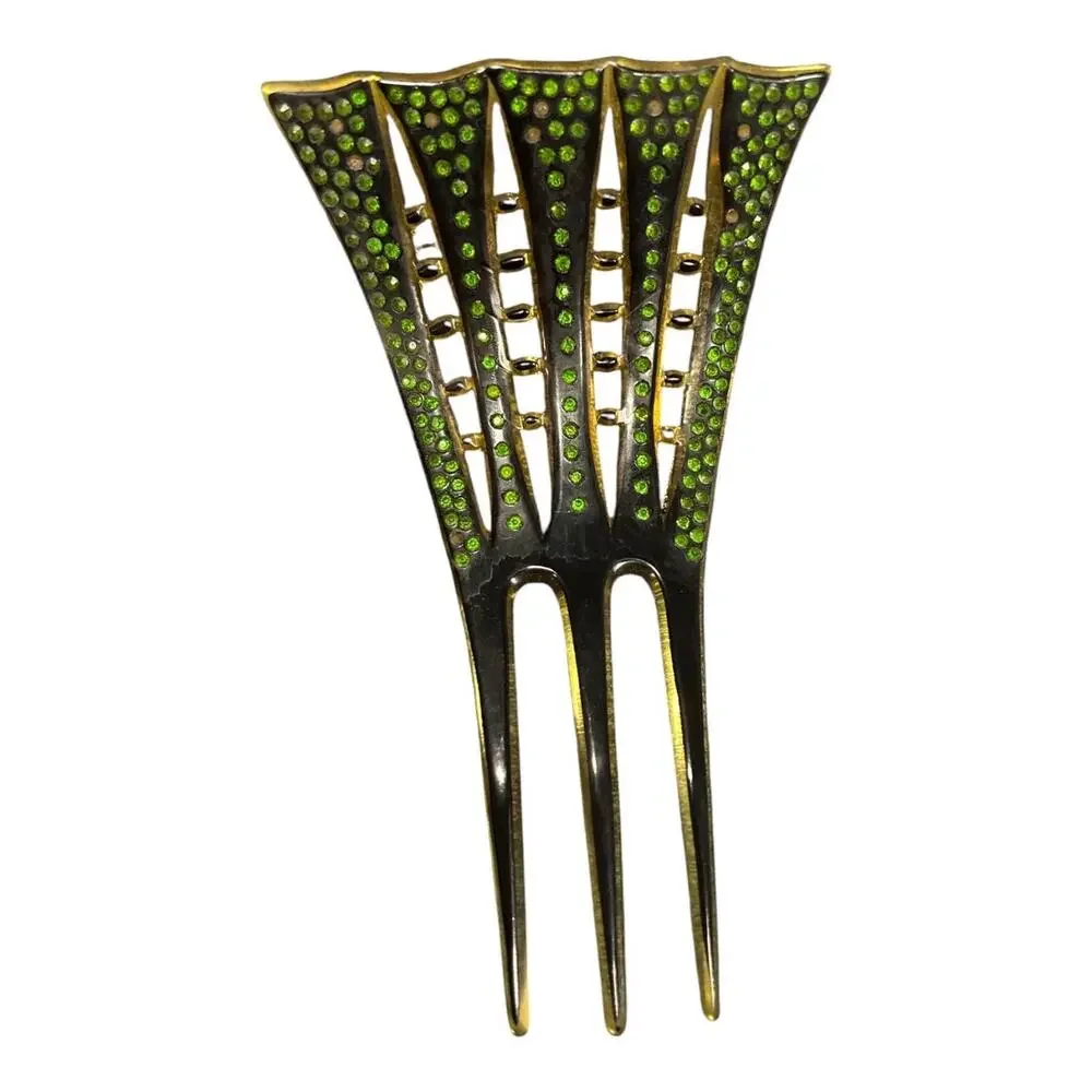 Art Deco Black Enamel & Green Rhinestone Hair Comb Decorative Hair Comb 1920-30s